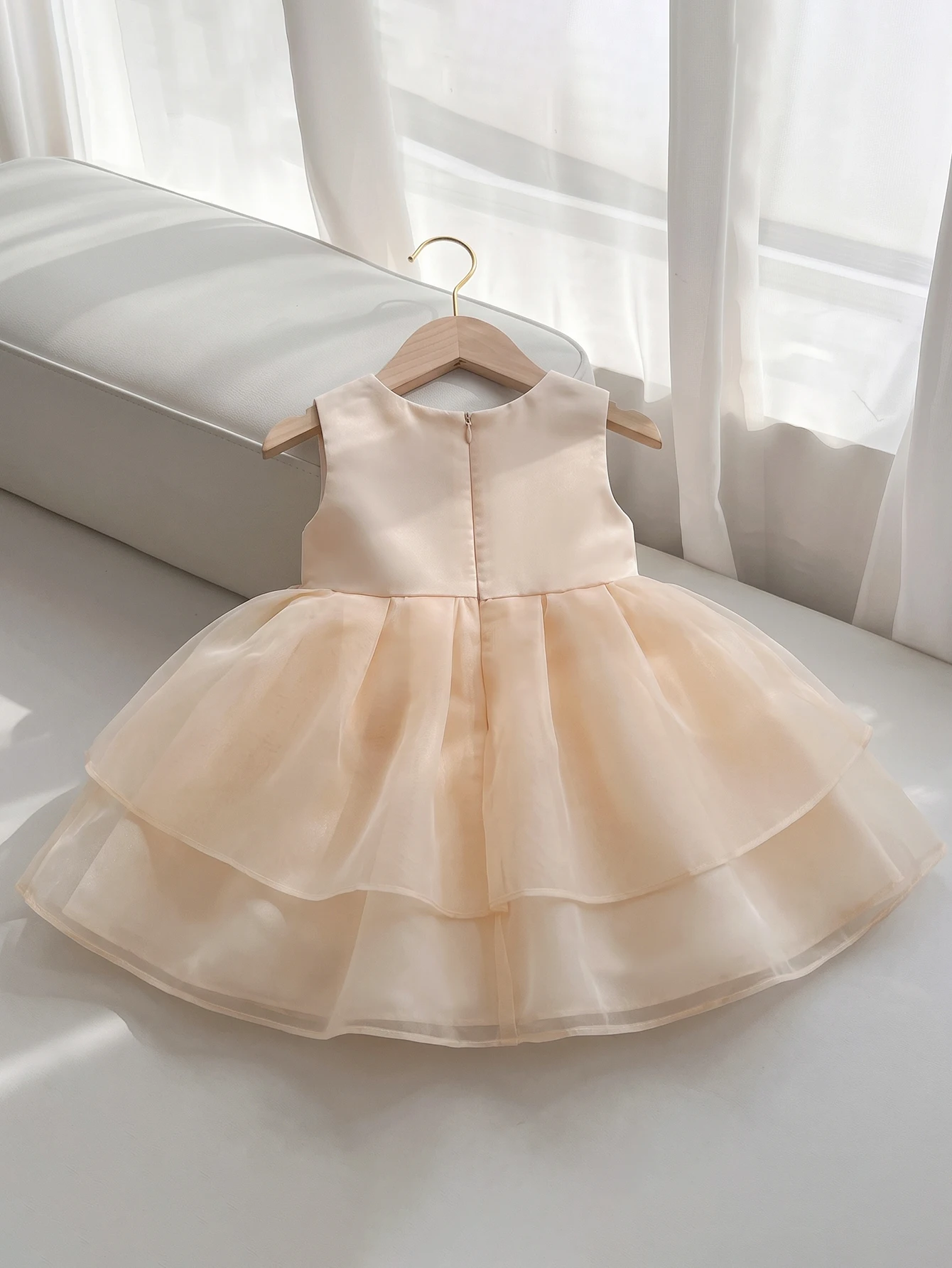 Baby Girls Champagne Lace Bodice Layered Tulle Dress With Satin Bow Sleeveless Party Princess Gown For Gift Cerem