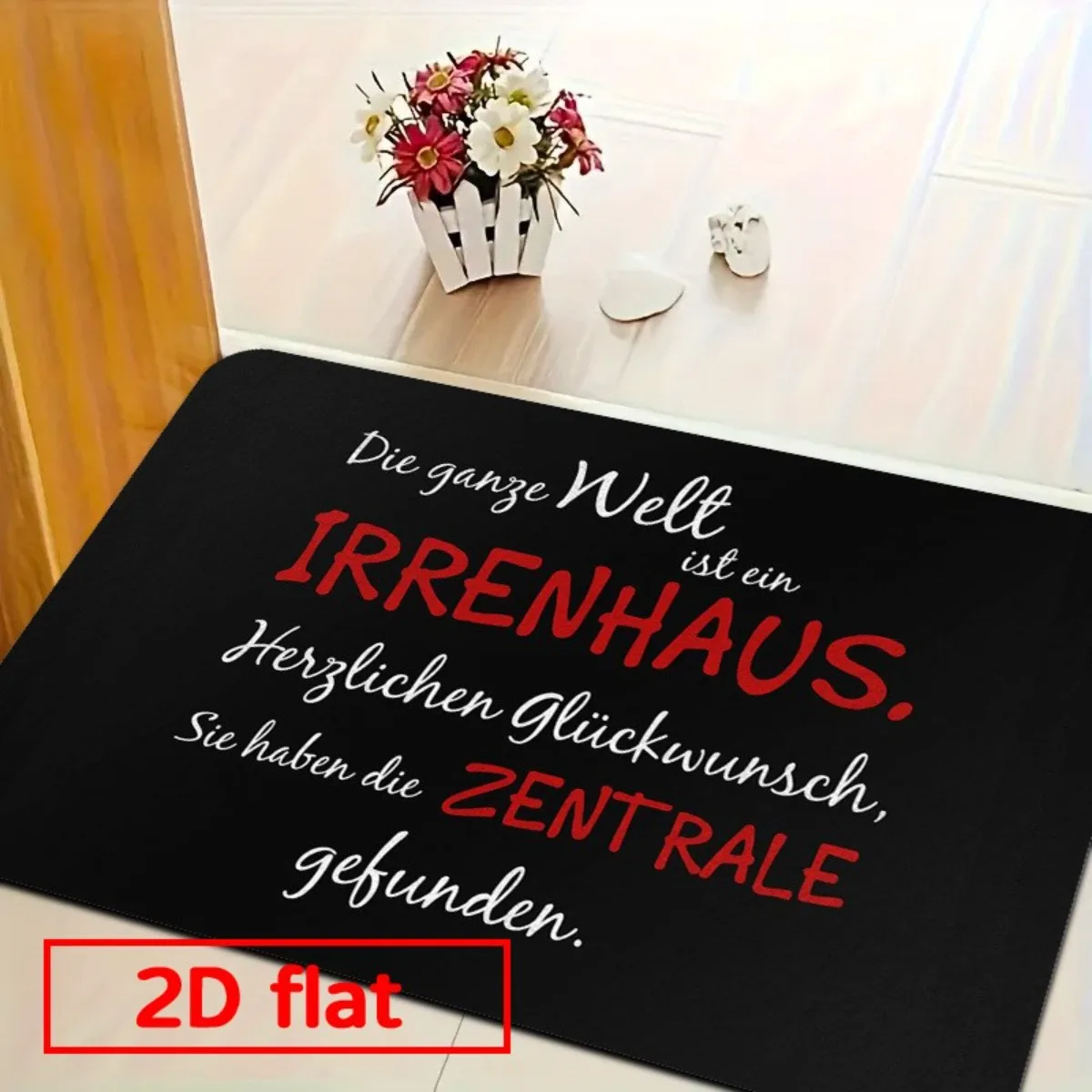 2D Flat German Quote Text Printed Door Mat, Black Funny Slogan Decor, Indoor Outdoor Entryway Floor Mat