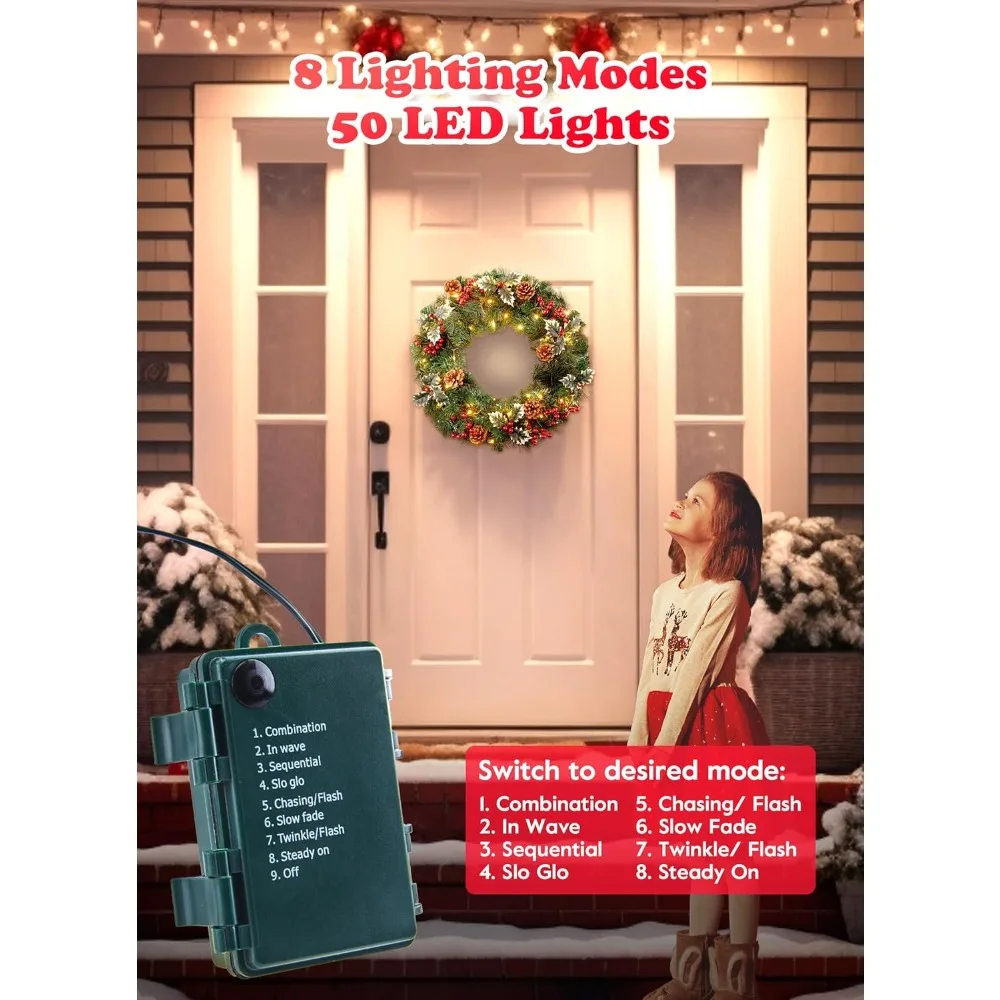 إكليل عيد الميلاد المضاء مسبقًا مقاس 24 بوصة - إكليل صنوبر LED يعمل بالبطارية مع التوت ومخاريط الصنوبر لديكور الباب والجدران #2