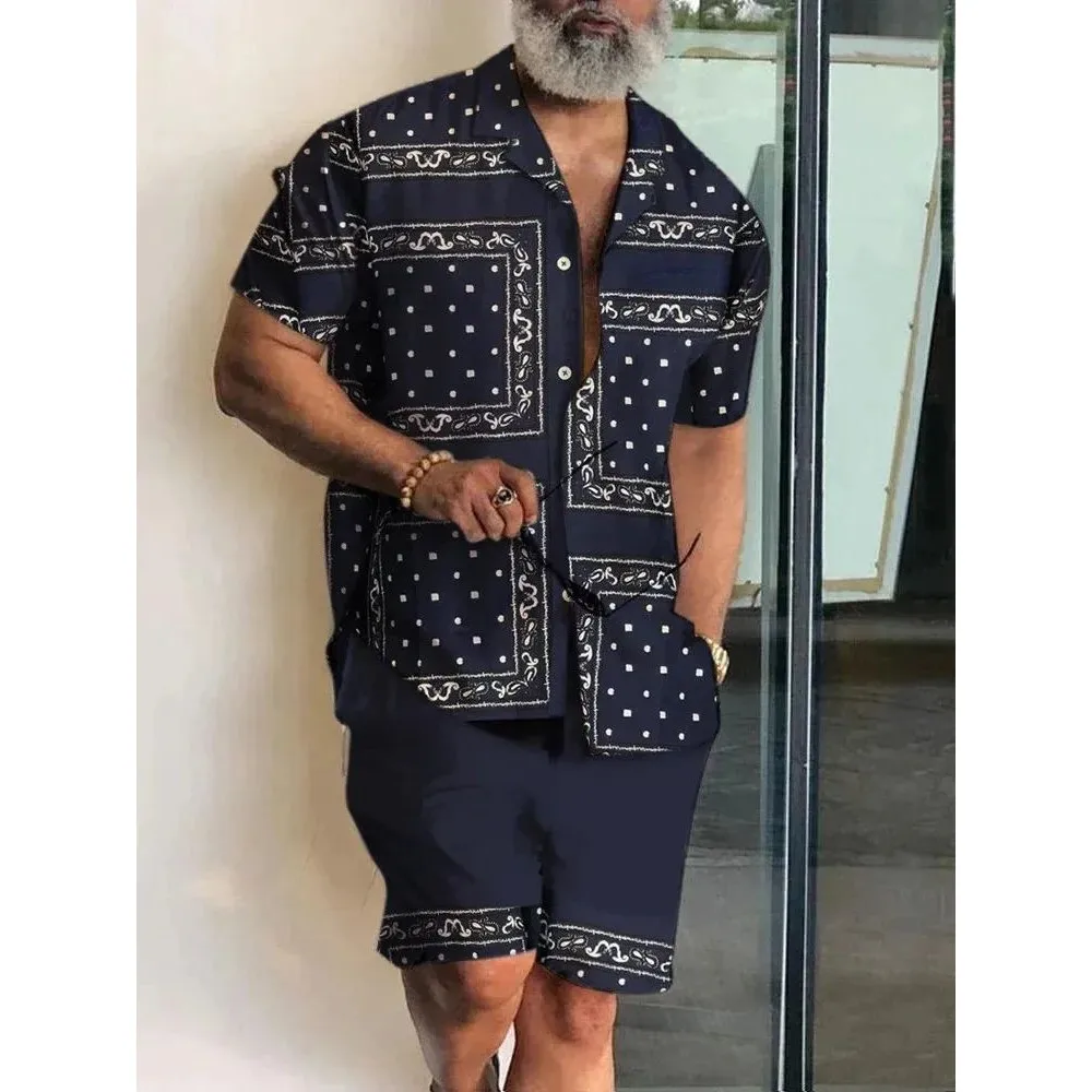 Men's 3D Print Patchwork Lapel Short Sleeve Casual Shirt Set Autumn Special Wide Fit Fleece Lined Nine Points Sleeve 