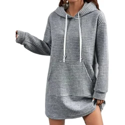 Women Kangaroo Pocket Splicing Hooded Sweatshirt Fashion Unevenness Square Fabric Drawstring Hoodie Female Casual Long Outerwear