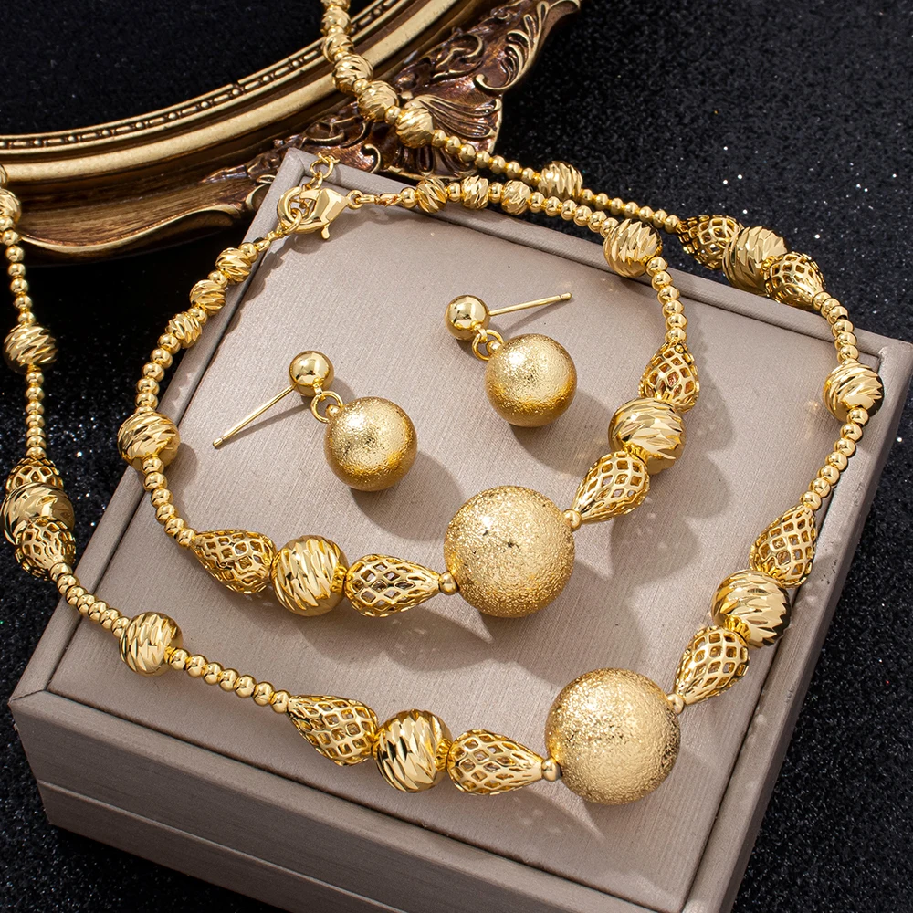 3pcs Jewelry Set Beaded String Necklace Bracelet Earrings Hollow Gold Plated Jewelry Accessories for Women's Daily Outfits Gifts