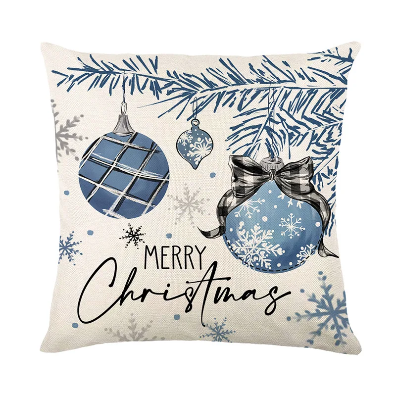 Christmas Blue Pillow Cover Linen Plaid Print Snowman Decorative Sofa Cushion Cover Cushion Cover