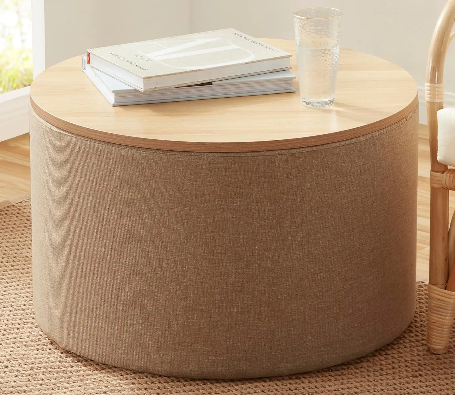 22 inch Large Round Ottoman Coffee Table Storage Ottoman with Wooden Lift Off Lid, Ottoman with Storage for Living Room