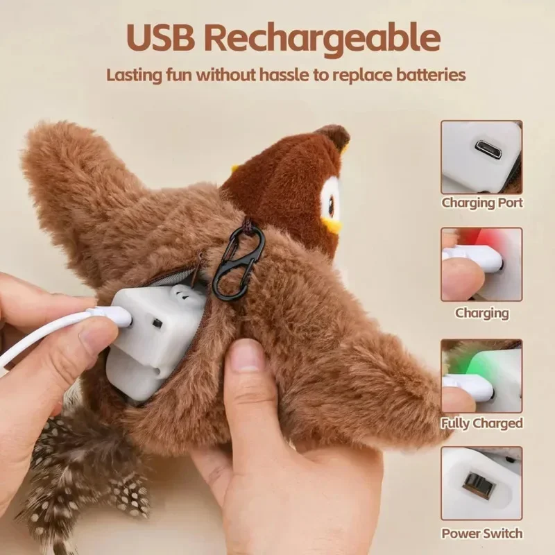 Interactive Cat Toys learning hunting  Rechargeable Chirping Flapping Bird with Catnip for Indoor Cats Touch Activated Plush Toy