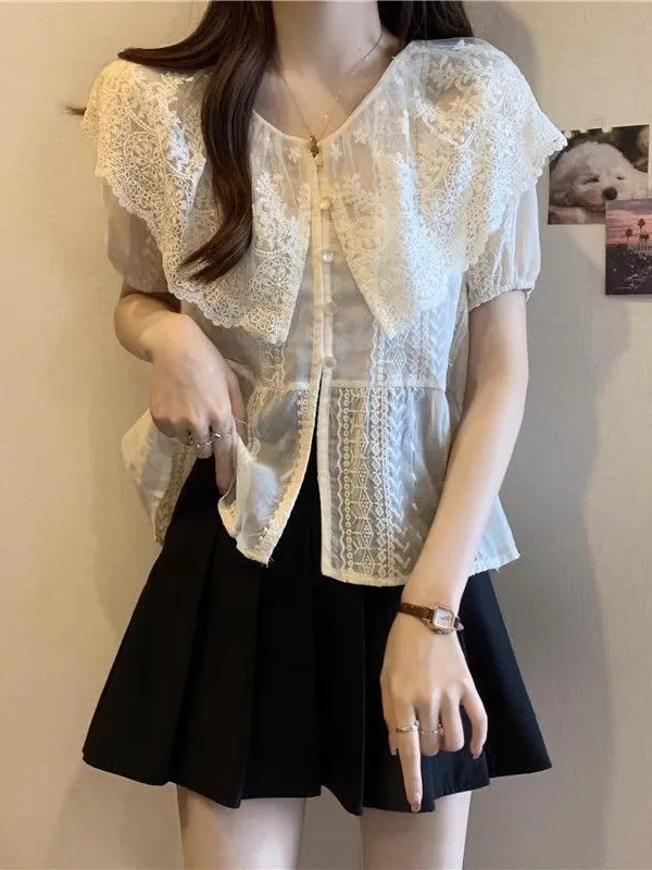 

Summer ort Sve Lace irt Doll Collar Women's plus Size Belly Covering Top Unique Beautiful Small irt Commute Sle