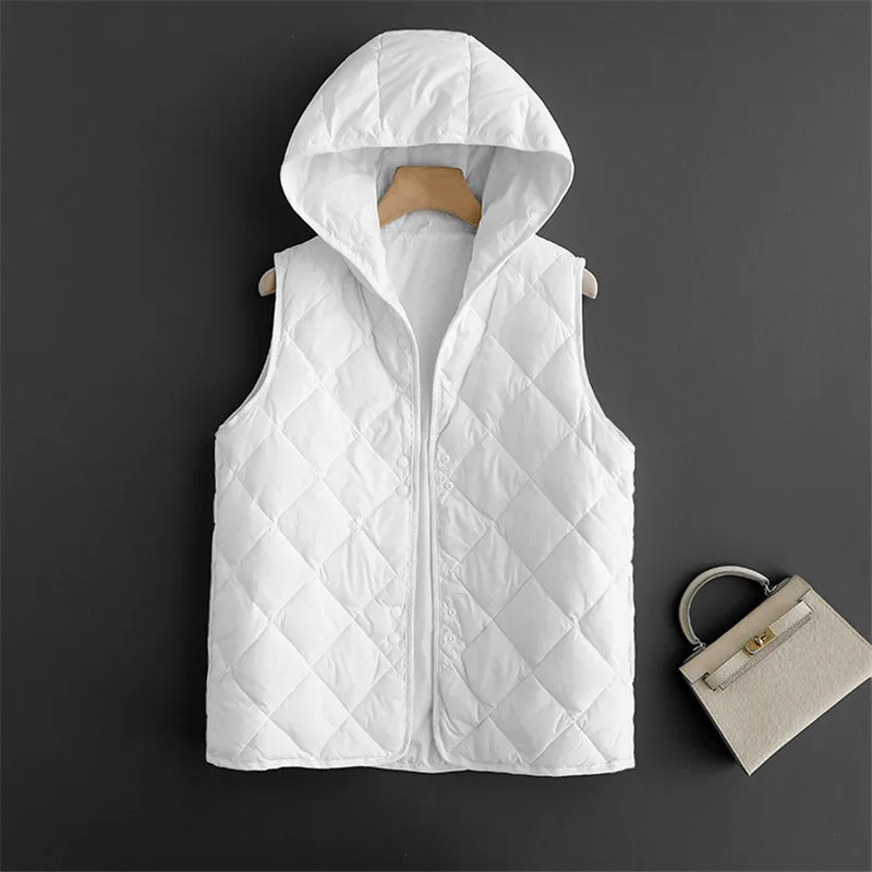 Chaleco de plumón de pato blanco ultraligero para mujer, chaqueta con capucha, abrigo de celosía rómbica sin mangas, Otoño e Invierno