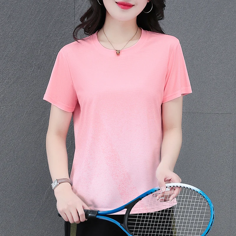 New Women'S Summer Round Neck Breathable Short Sleeved Casual Versatile Loose Comfortable Ice Silk Quick Drying Sports T-Shirt
