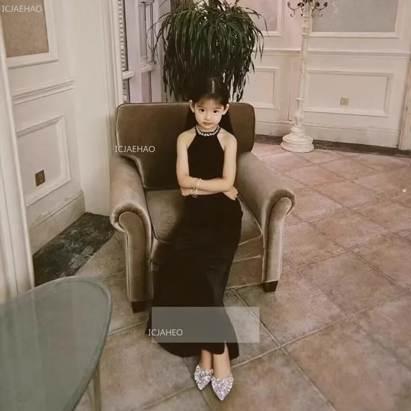

Kids Girls Black Mermaid Evening Dress Children Performance Host Model Formal Wear Dresses Birthday Party Pageant Gown for Piano