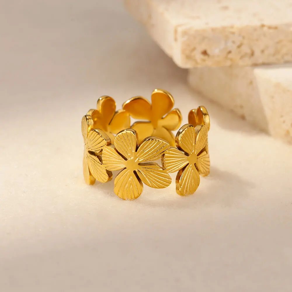 Stainless Steel Flower Rings for Women Men Gold Color Open Vintage Ginkgo Leaf Ring 2024 New Trend Wedding Jewelry bague Gift
