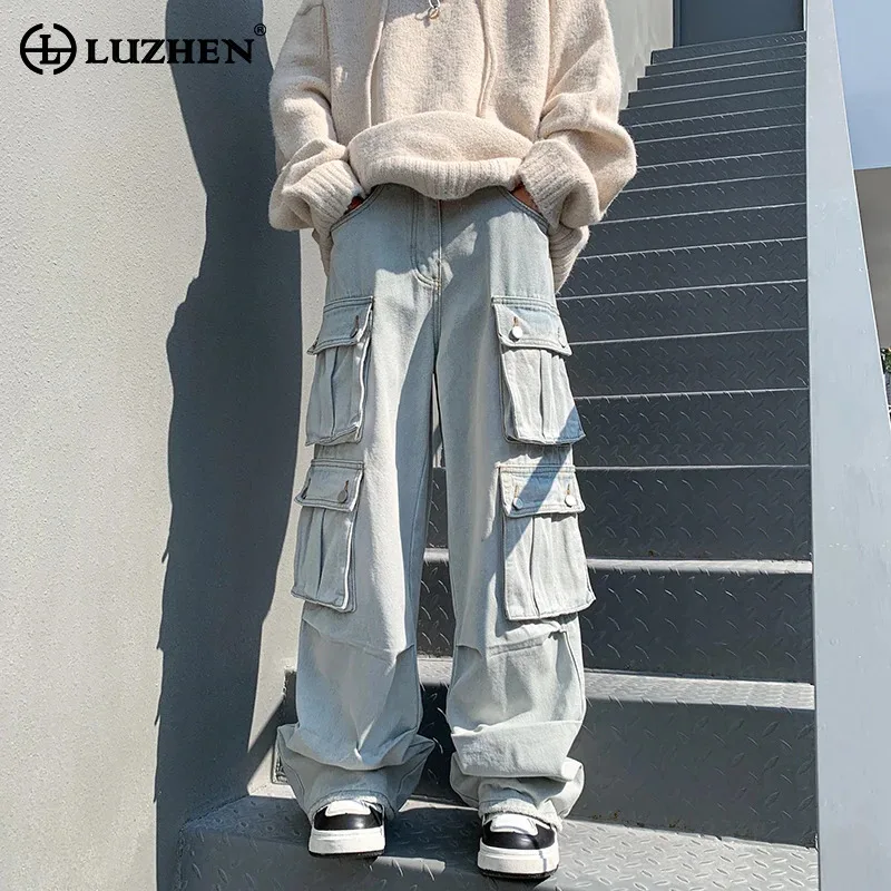 

LUZHEN 2024 New American Trendy High Street Many Pockets Jeans Men's Fashion Baggy Straight Casual Cargo Pants Original LZ3107