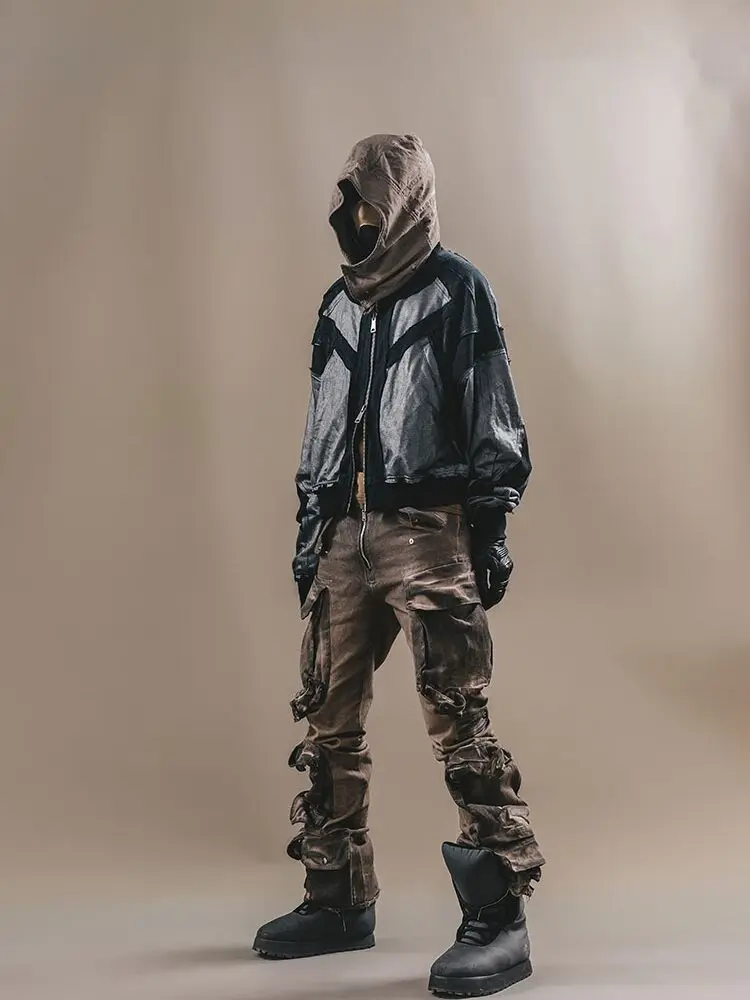 

Waste Soil Wind Debris Stitching Mesh Laminated Distressed Coating Zipper Hooded Boxy Short Cardigan Men's Hoodie Zip Up Hoodie