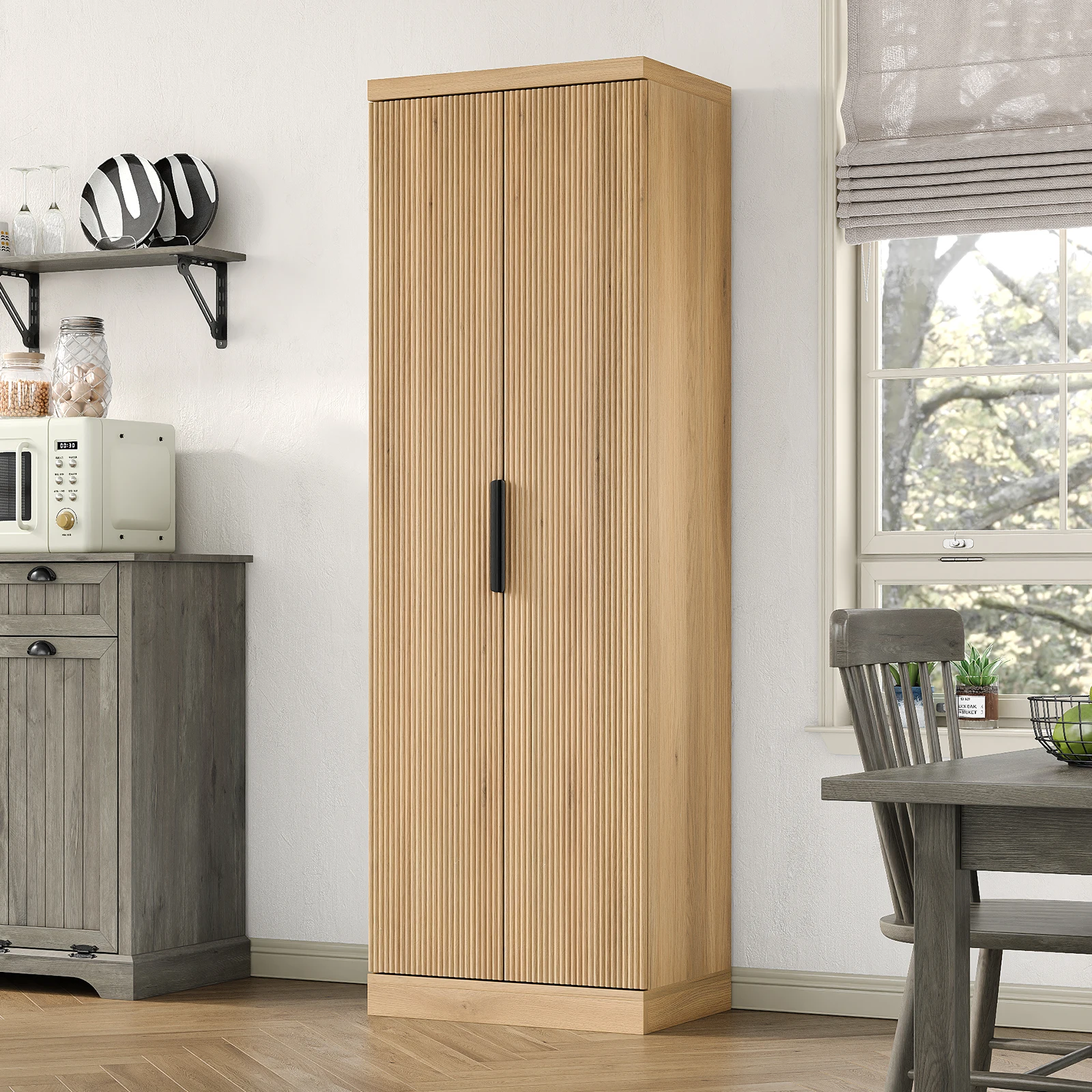 71-Inch Tall Storage Cabinet with 2 Doors, Kitchen Pantry Cabinet with Adjustable Shelves, 5-Tier Slotted Cabinet for Living Room, Kitchen, and Dining Area, Entryway Storage Cabinet