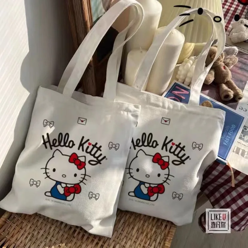 

Anime Sanrio Hello Kitty Canvas Bag Cute Simple Large Capacity Handbag Women's Crossbody Bag Student Stationery Bag Girl Gift