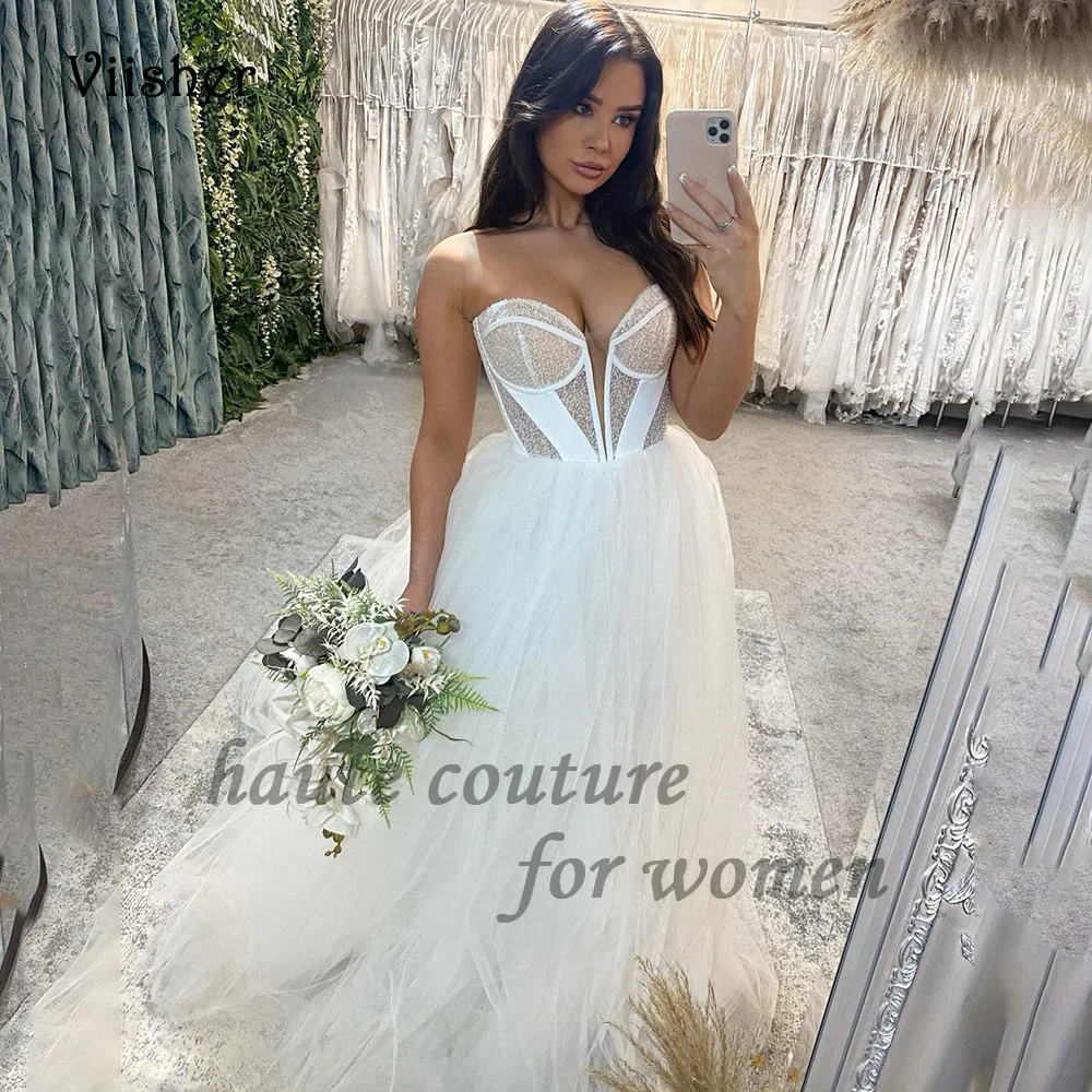 

Ivory Tulle A Line Wedding Dresses for Bride Lace Corset Sweetheart Beach Bridal Gowns with Train Long Boho Wedding Dress