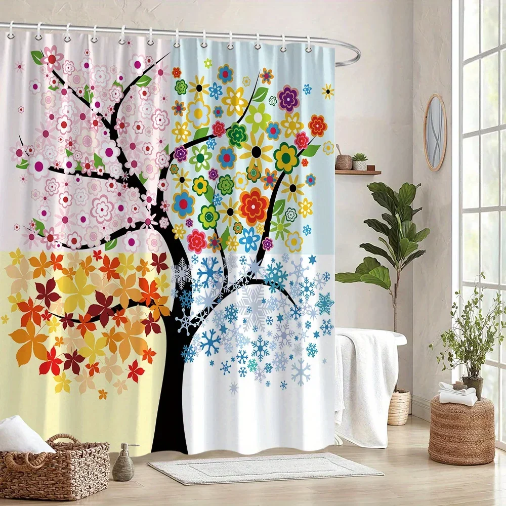 Zasłona prysznicowa z motywem czterech pór roku - wzory od wiosny do zimy, 12 haczyków, poliester nadający się do prania, abstrakcyjny kwiatowy wystrój łazienki