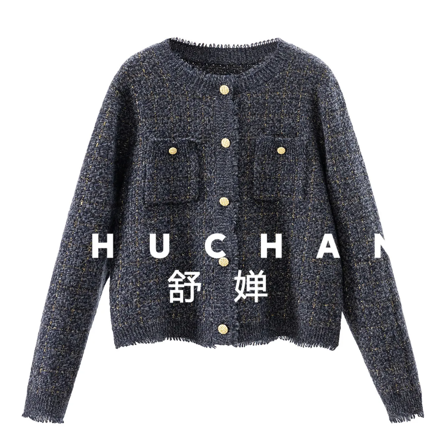 

Premium Navy Blue, Small Fragrant Style, French Fine Flash Gold Silk Wool Crew Neck Sweater Jacket Women 83E3