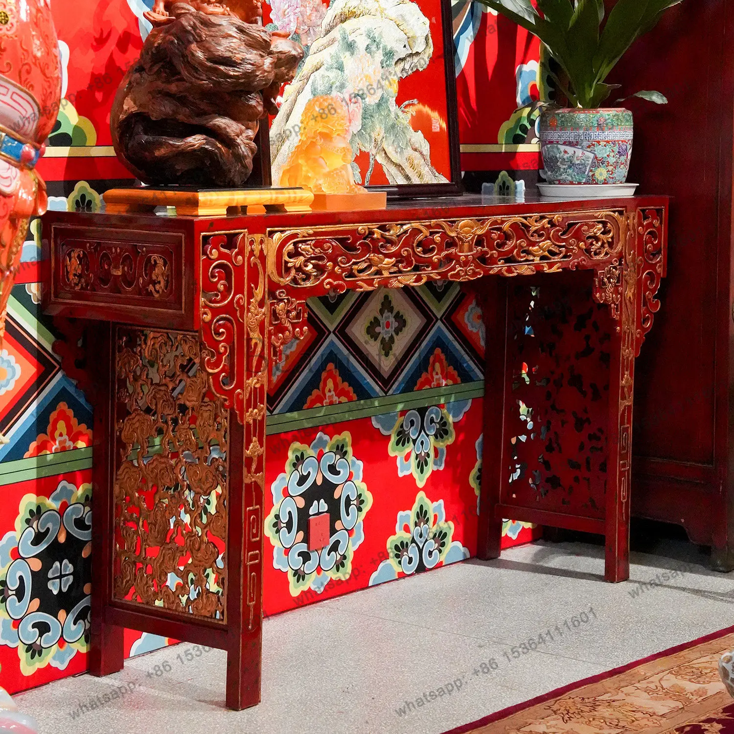 MD15 Chinese retro elm red strip carving table classical antique painting