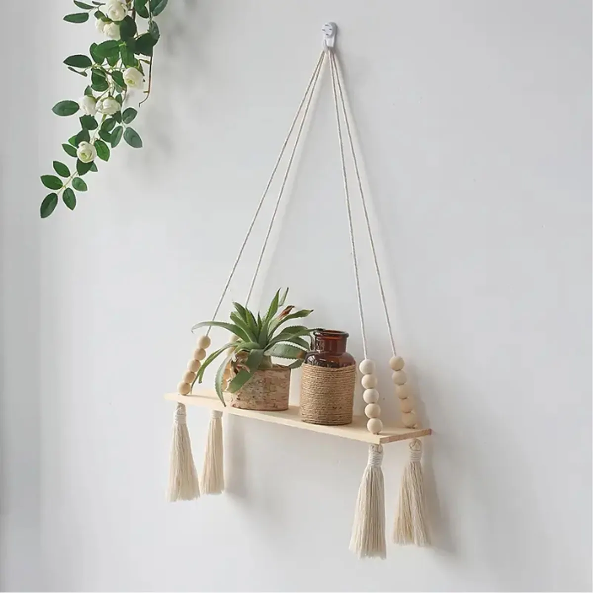 1 PC Wooden Wall Hanging Shelves - Macrame Hanging Plant Shelf with Tassel,Boho Storage Floating Shelves Handmade Rustic Hange