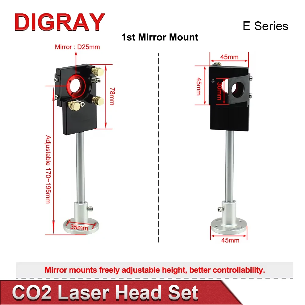 DIGRAY CO2 Laser Head Set E Series Lens Diameter 20mm FL50.8 & 63.5 & 101.6 Mirror 25mm for Laser Engraving Cutting Machine