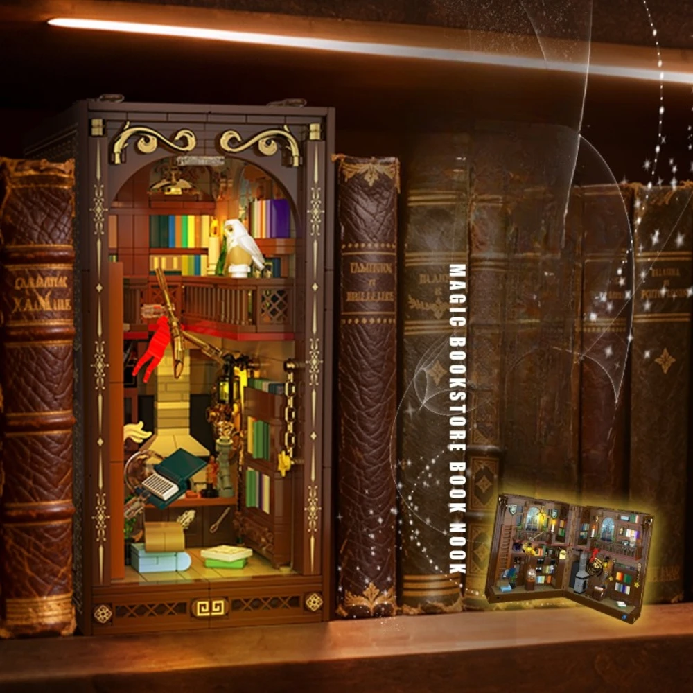 MOC ماجيك مكتبة كتاب حامل اللبنات مجموعة مكتبة صالة قابلة للتوسيع مع لعبة خفيفة للأطفال هدايا عيد الميلاد والعطلات