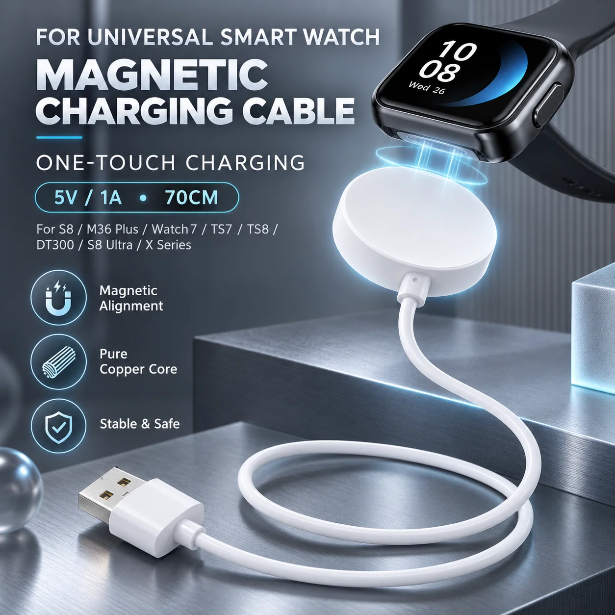 Magnetic Charging Cable For S9/S8/S7/DT300/S8 Ultra/TS7 Pro, Universal Wireless Charger for Multiple Smartwatch Models, 1 PCS