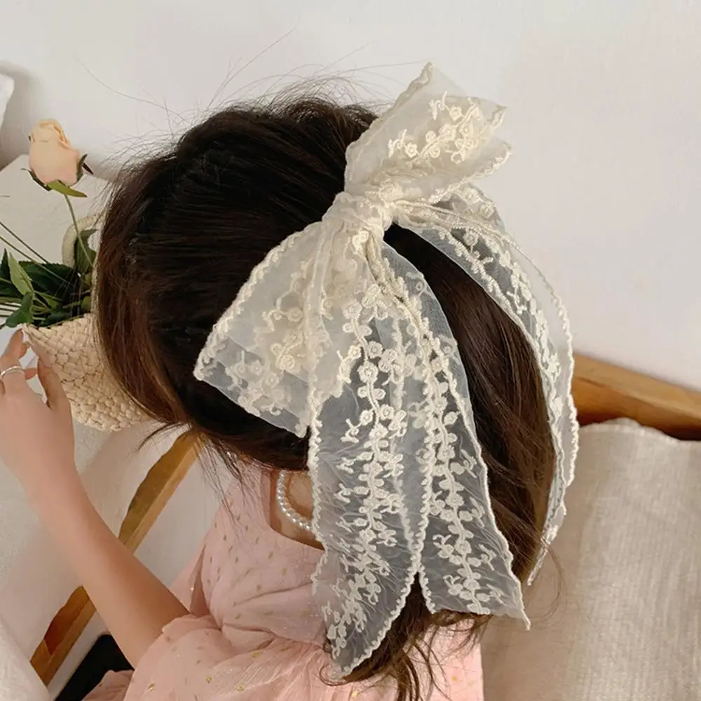 

Sweet Hair Accessories Back Of The Head Spring Clip Long Ribbon Hairpin Lace Embroidery Bow Hair Clip Elegant Princess Headwear