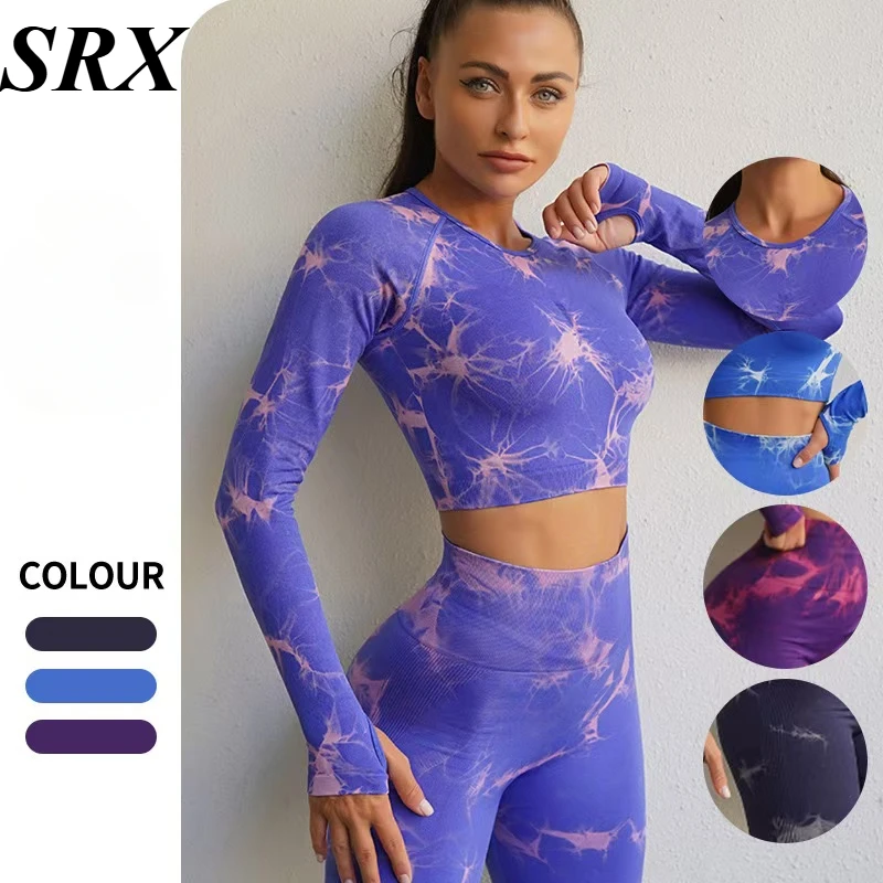 Seamless Tie-Dye Yoga Sets Sports Fitness High Waist Hip-lifting Trousers Long-sleeved Suits Workout Gym Leggings Sets for Women