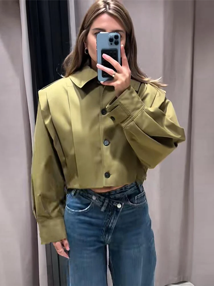 

Уличная куртка на пуговицах, женская мешковатая однобортная однотонная укороченная куртка с лацканами и длинными рукавами, женская весна-осень 202, повседневная женская верхняя одежда
