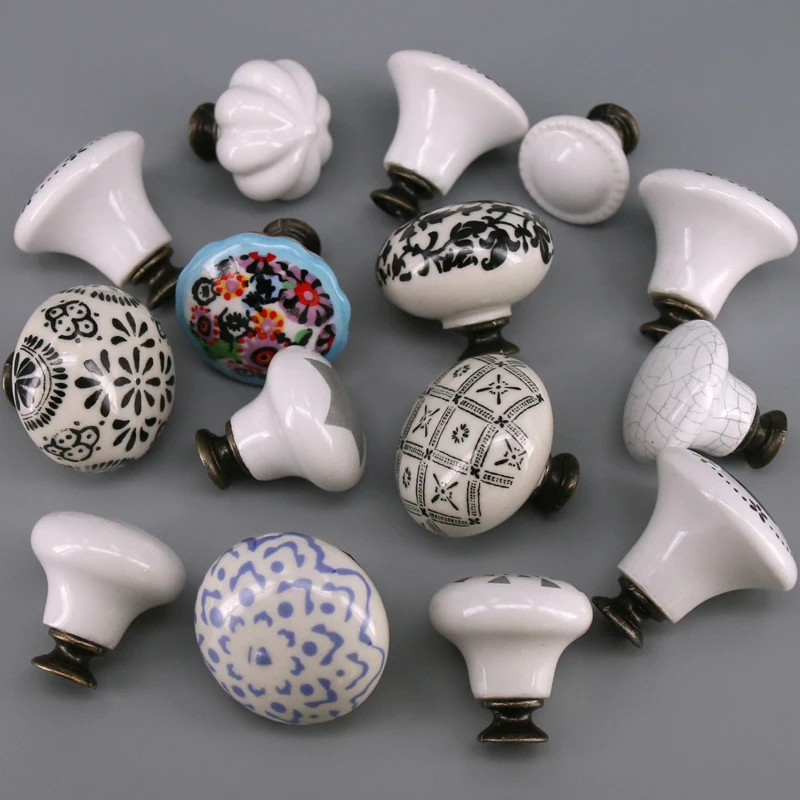 1x Pastoralism White Ceramic knob ,Star Flower Clock Print Kitchen Cabinet Cupboard Door knob and handles Kids Drawer Knob Pulls