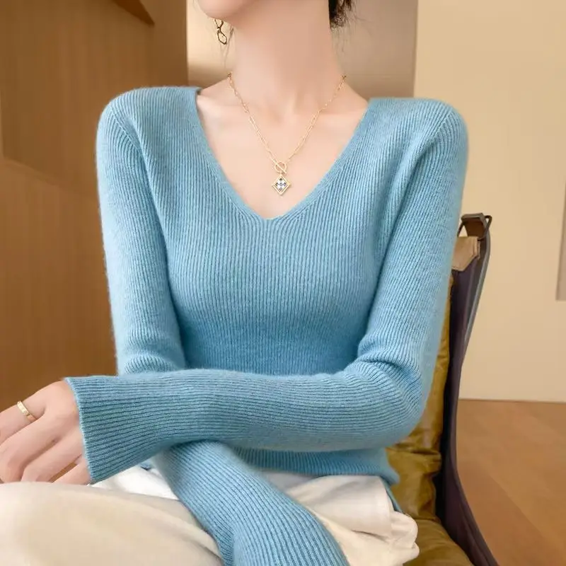 

Slim Fit V-Ne Pure Color Трикотажная основа irt Женский зимний свитер Внутренняя одежда Топ Корейский мягкий свободный крой Long Sve