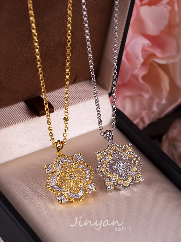 S925 Silver and Gold Plated Pendant Necklace Italian Seiko Opera Collection Four Leaf Clover Full Set Necklace