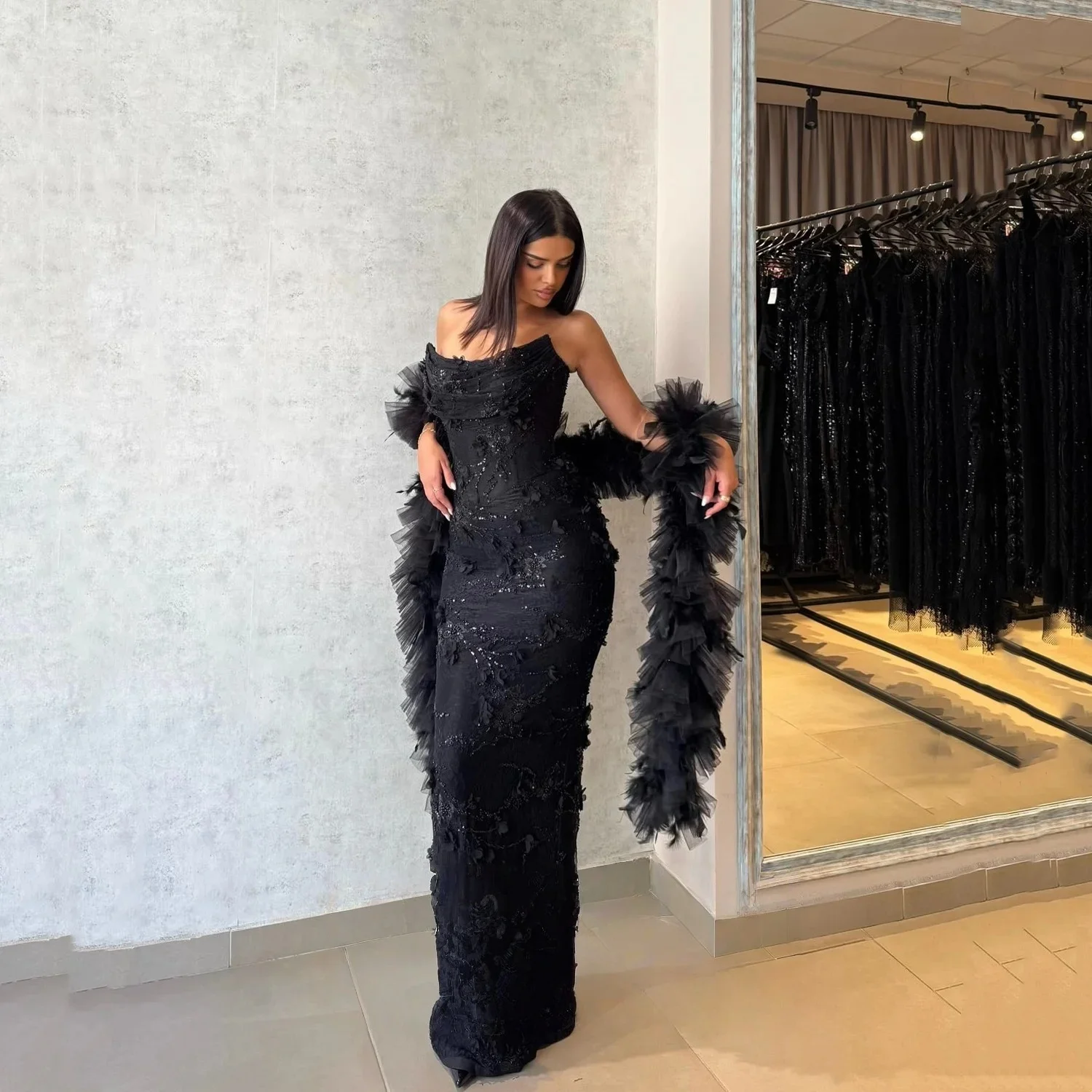 

Black Sheer Floral Long Bespoke Occasion Gown Evening Dresses Prom Pastrol Unisex Jersey Retro Dubai Saudi Arabic Customized
