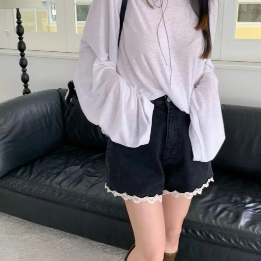 Nimo Home Vintage Lace Trim Patchwork High Waist Black Denim Shorts Women's Summer Cotton Jeans High Waist Shorts