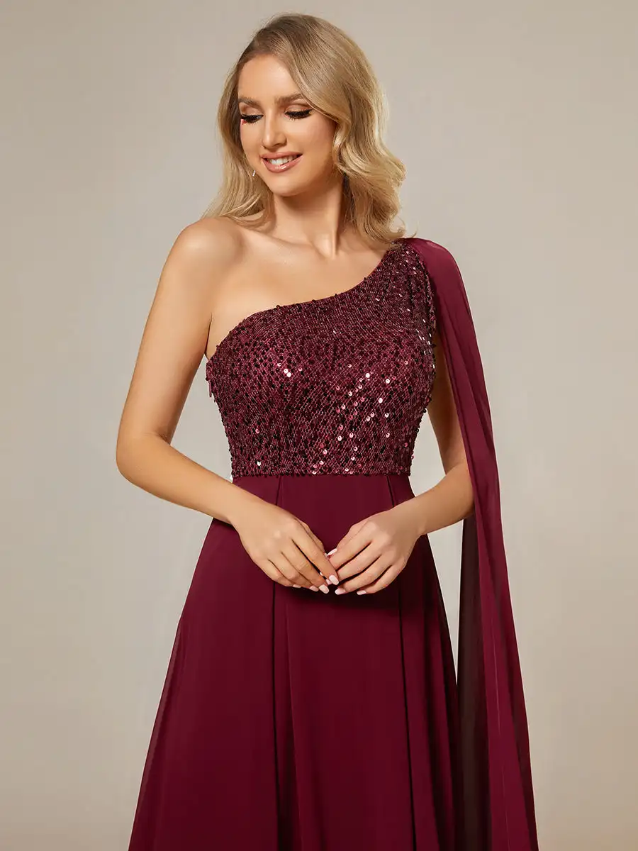 Elegant Evening Dresses Bodice One Shoulder Sleeveless Shiny Sequin 2024 Ever pretty of A-Line Chiffon Burgundy Bridesmaid dress