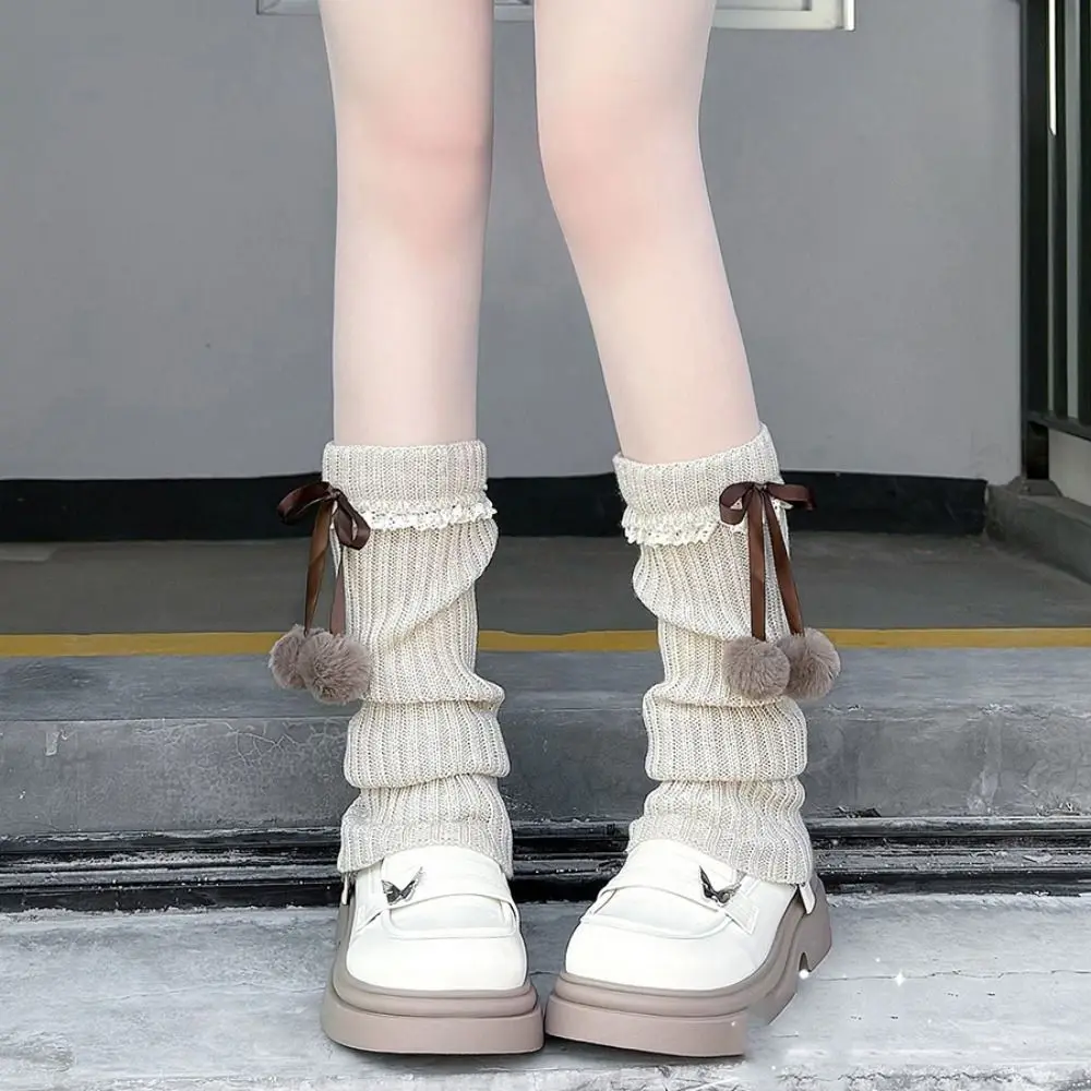 

Trendy Lace Leg Warmer Women Plush Balls Thicken Knitted Leg Covers Warm Footcover Lolita Bowknot Leg Warmer Women