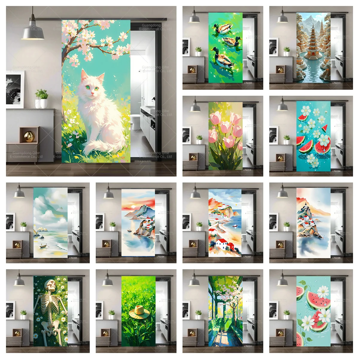 

Tulip Cat Cherry Blossom Scenery Decorative Door Sticker Full Door Covered Wallpaper Self-adhesive Sticker Wall Decals Crafts