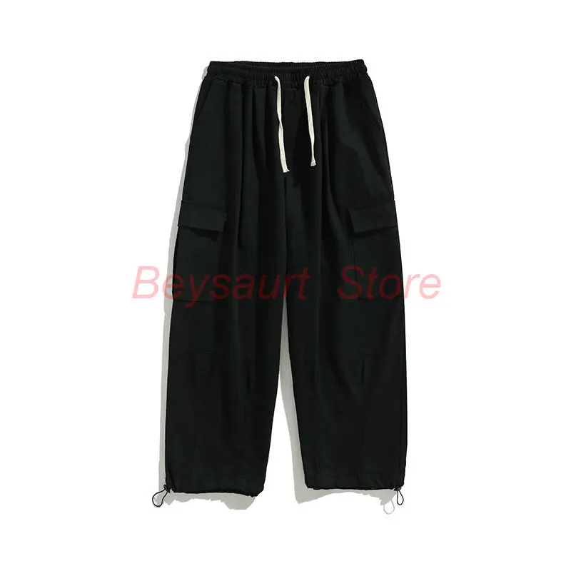 Big Pocket Cargo Pants Men\'s Casual Solid Color Straight Pants Baggy Wide-leg Ankle-length Pants Men Elastic Waist Pants