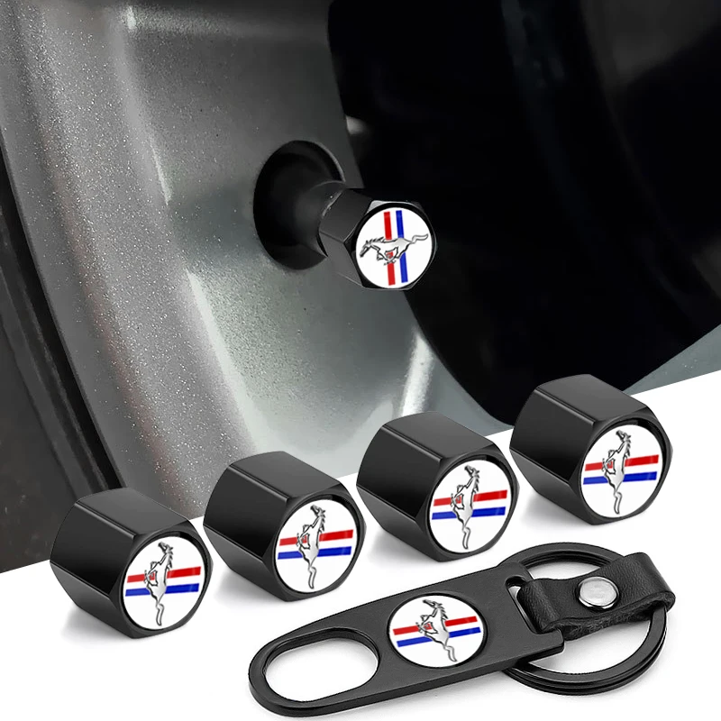 Car Wheel Tire Valve Stems Cap with Keychain Keyring Badge For Ford Mustang SHELBY GT 500 350 Convertible V Mach e Rainproof