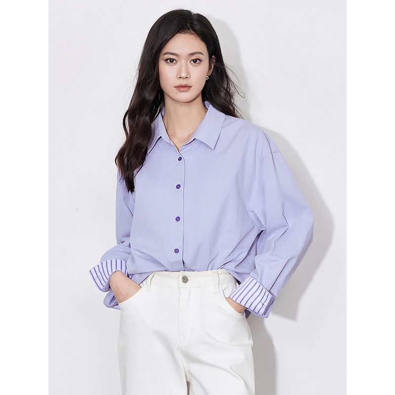 TOYOUTH Women Blouse Shirt 2025 Spring New Striped Turn Down Collar Long Sleeve Office Lady Style Pure Cotton Shirt Tops