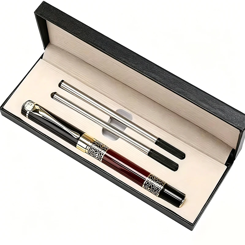 Exklusiver Kugelschreiber Schwarz mit Chrom-Verzierung Luxus, 0,5mm Spitze, 2 Stück Tintenpatronen, Edle Kugelschreiber in Stilvoller Geschenkbox für S – Detail 1