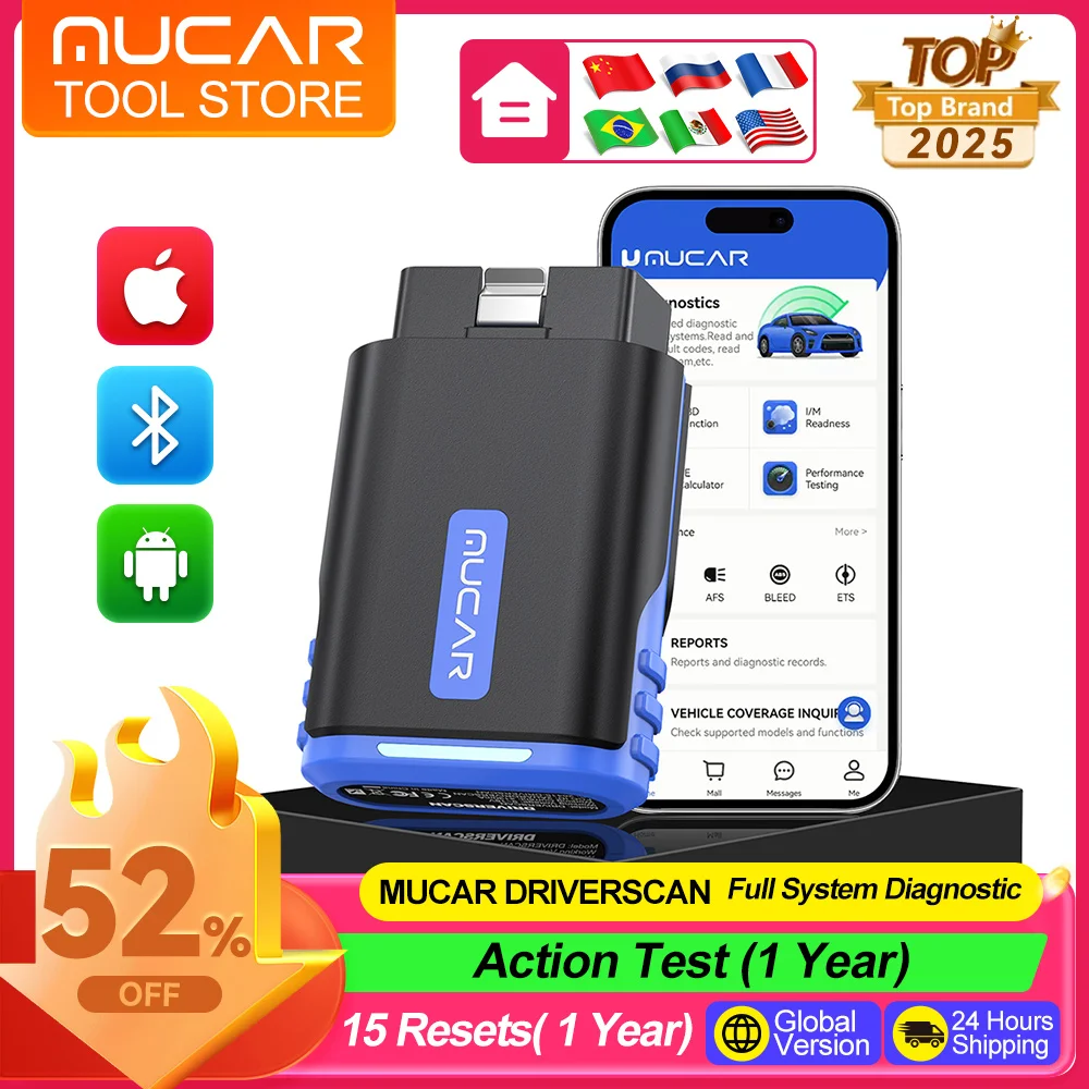 Mucar Driverscan OBD2 Scanner Full System Car Diagnostic Tools Bi-directional Control Scan Tool 15 Reset Service Mucar Scanner