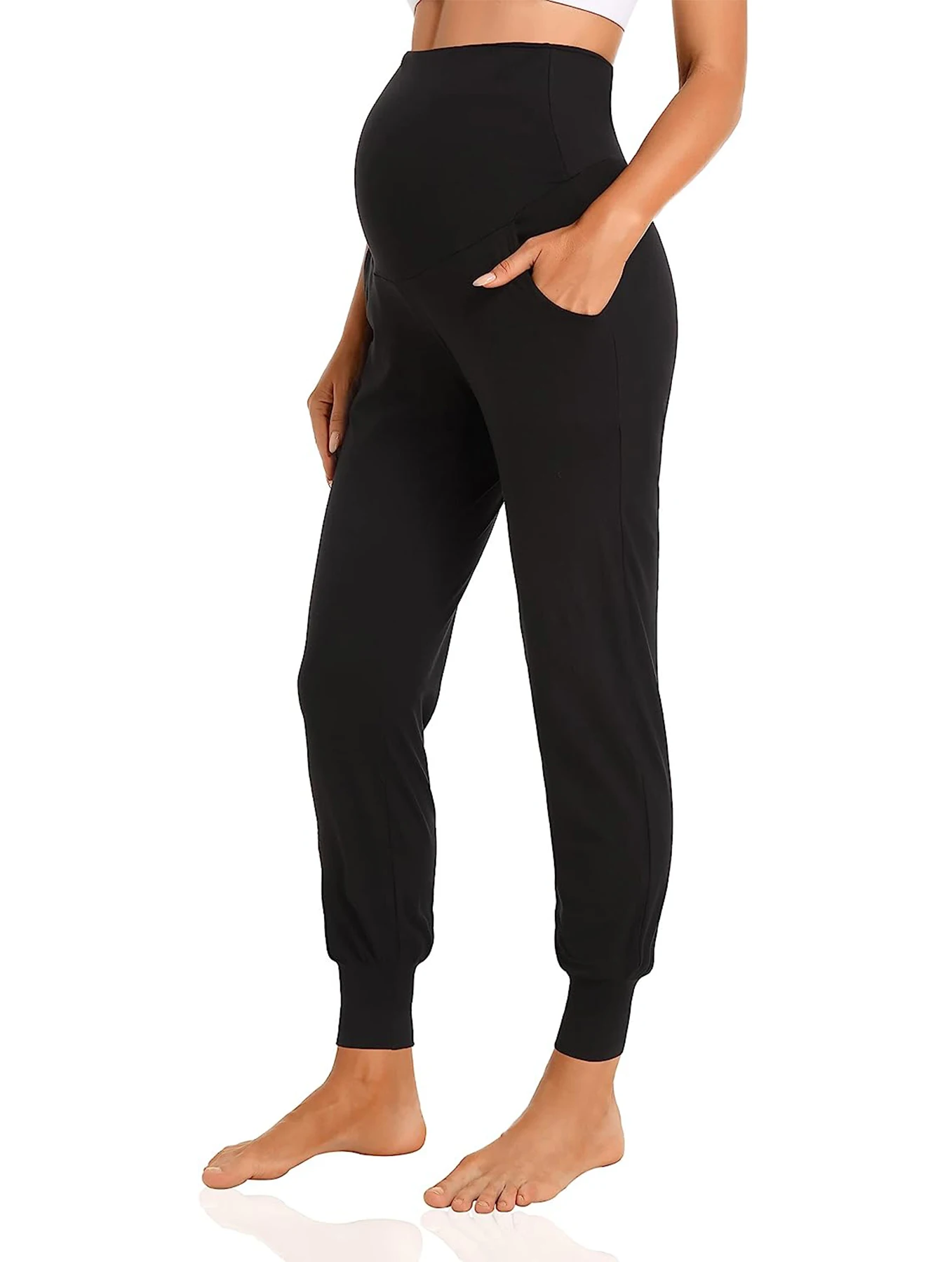 Women's black Maternity Pants Activewear Jogger Track Cuff Sweatpants Over The Belly Stretchy Pregnancy Pants for work lounge