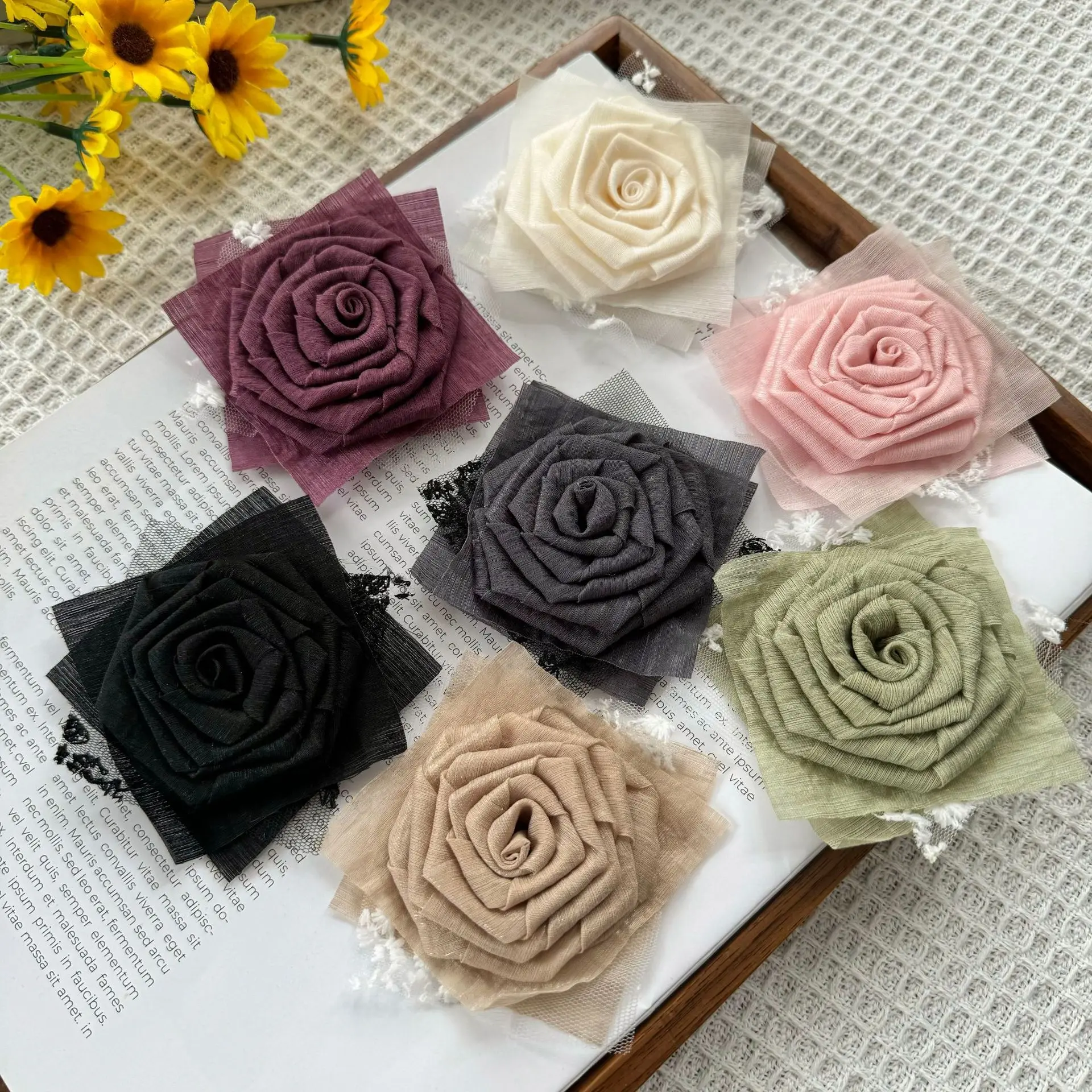 8-9cm Rolled Roes Flower Accessories HAND MADE Craft Rose Flowers With Lace Fabric Flowers