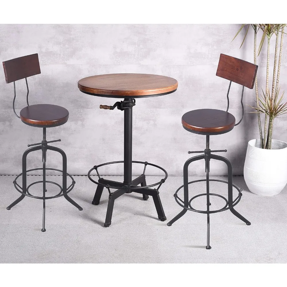 Industriële pubtafel 23,65" rond houten blad, in hoogte verstelbaar, 33,5"-39,4" met handvat, zwarte bartafel
