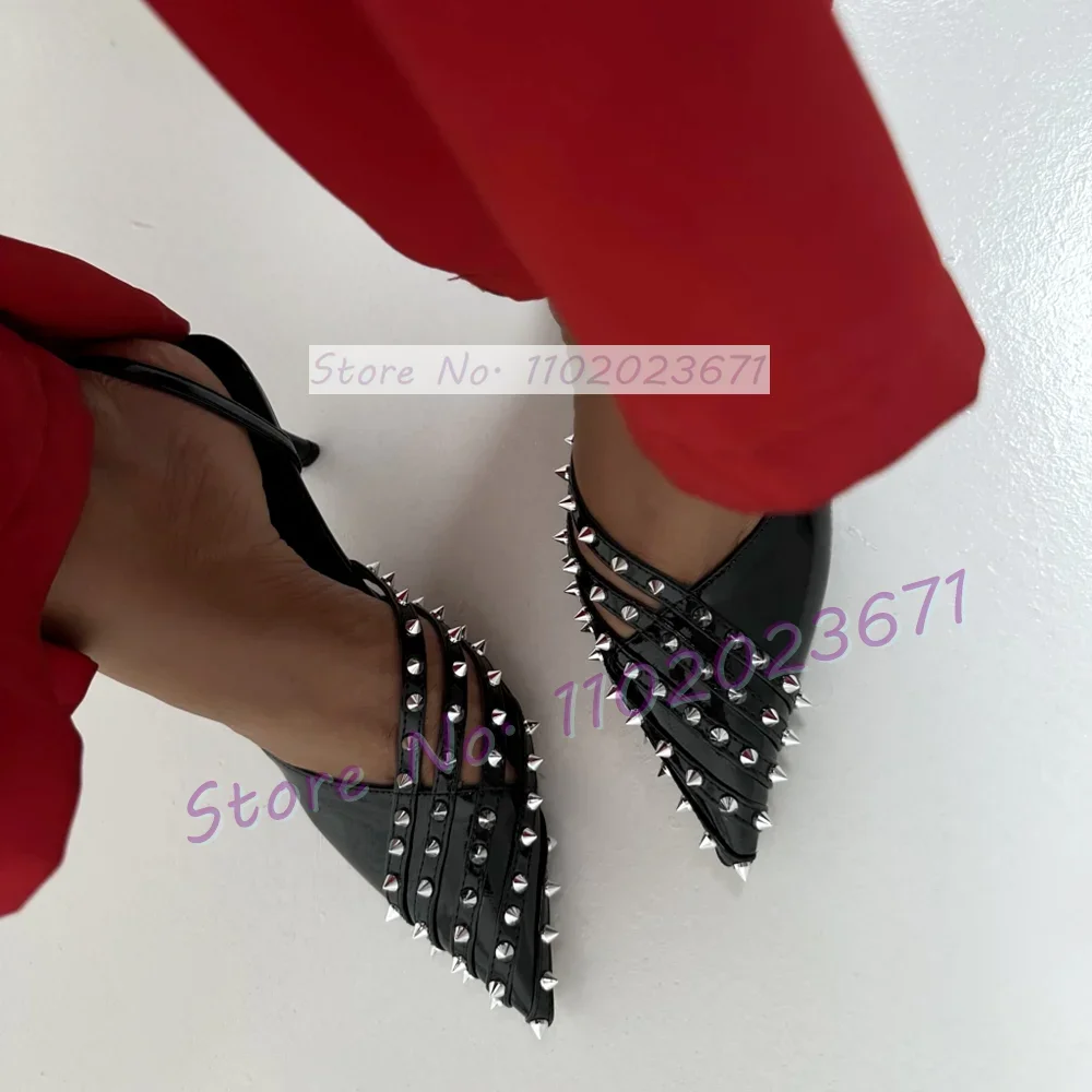 

Bling Pointed Toe Rivets Straps Sandals Women Sexy High Heels Multi Straps Dress Shoes Summer Back Strap Patent Leather Sandals