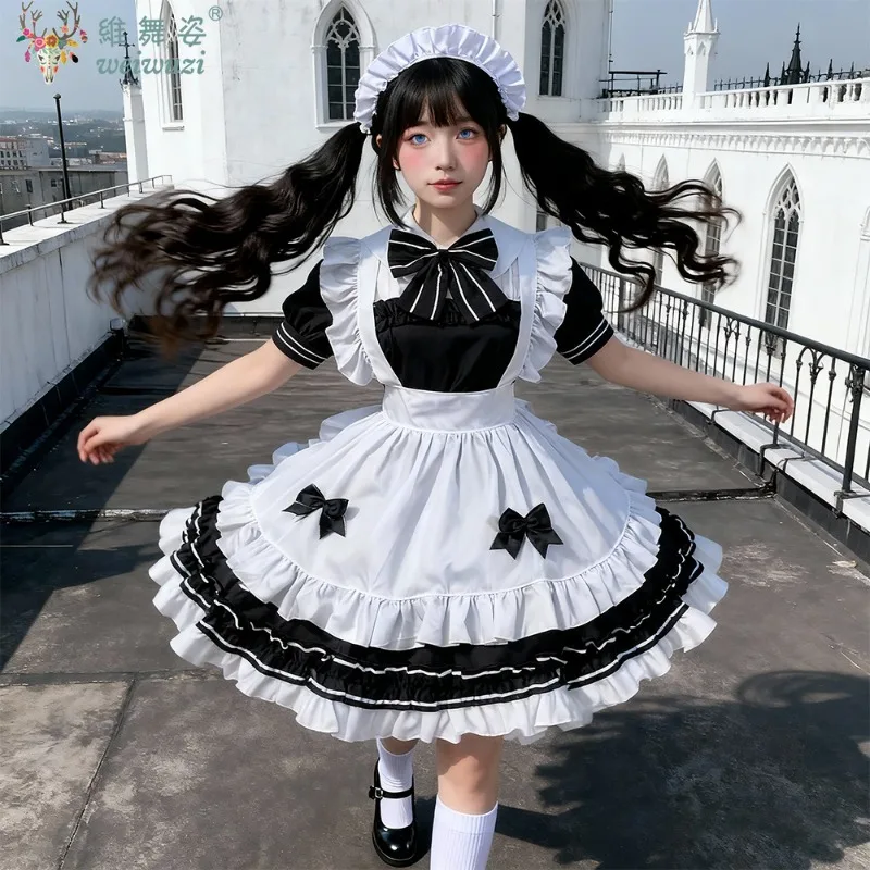 

Anime Black White Maid Dress Lolita Cosplay Costume Devil Japanese Sweet Cute Classic Uniform Bow Ruffles High Waist Outfit Rave