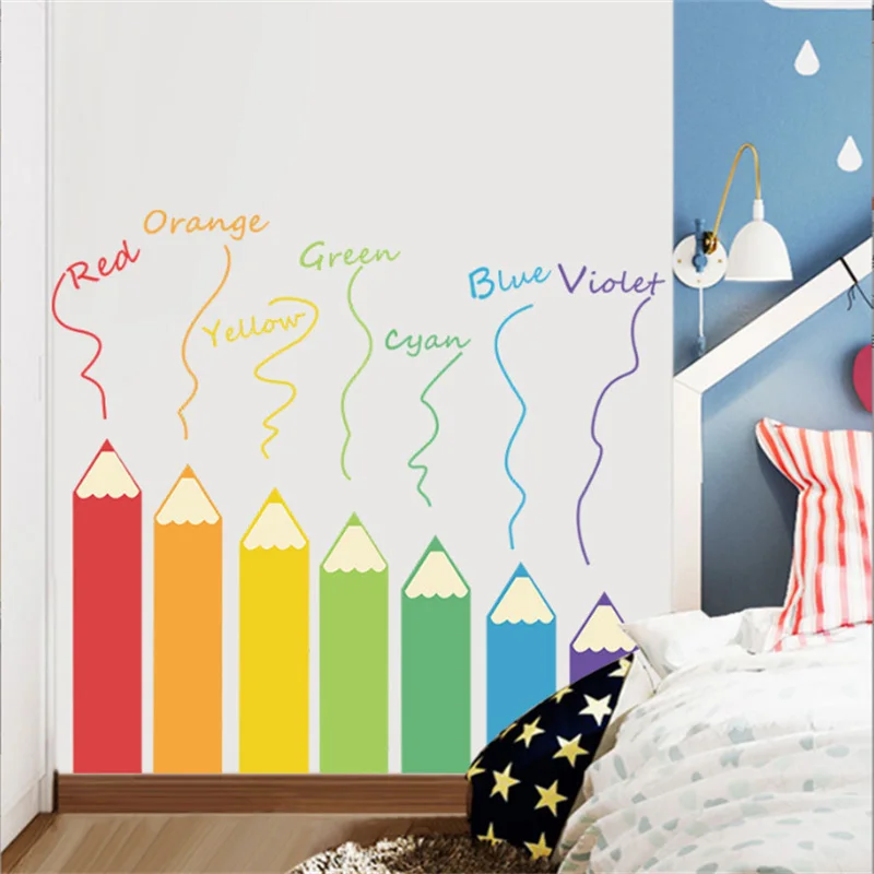 1PCS Cartoon Colorful Pencil Wall Stickers Self-Adhesive Fun Painting Wallpaper Decor for Kindergarten & Tutorial Class