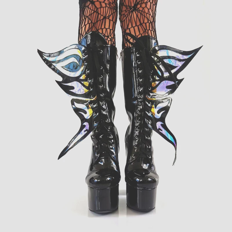 Personal Laser Pvc Butterfly Wings Knee Boots High Platform Block Heels Patent Leather Round Toe Side Wings Stage Woman Boots