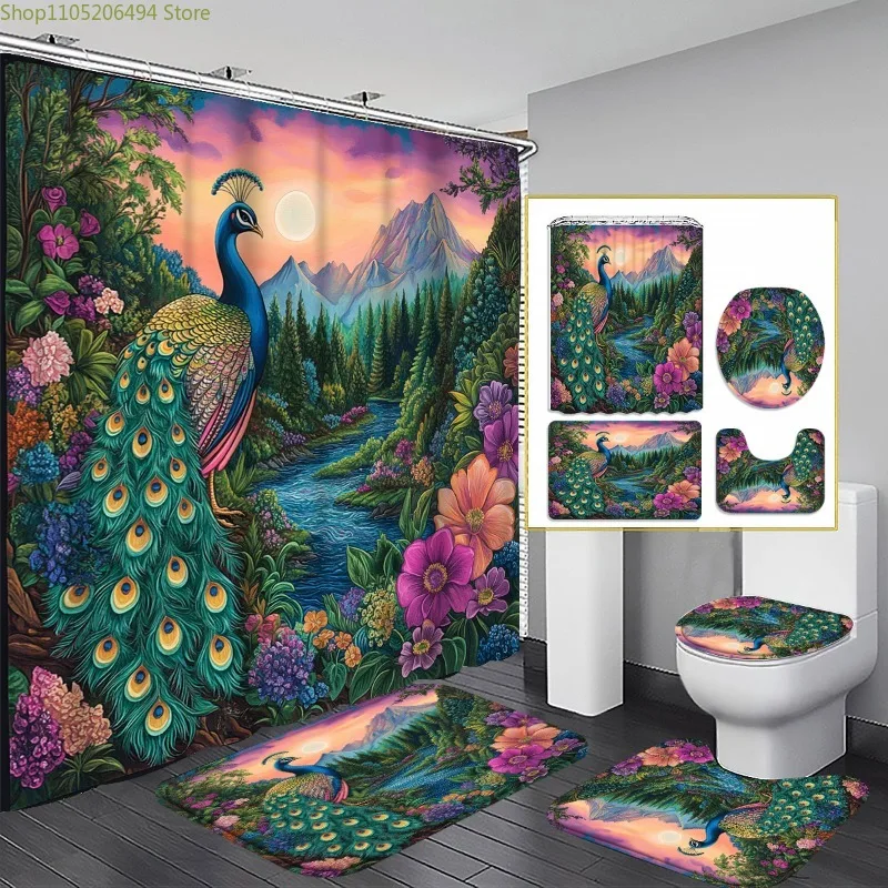 

1/3/4 шт. Набор для ванной комнаты с павлиньими перьями и шторкой (180x180 см), ковер, U-образный коврик и чехол — элегантный дизайн сада павлина с 12 шт.